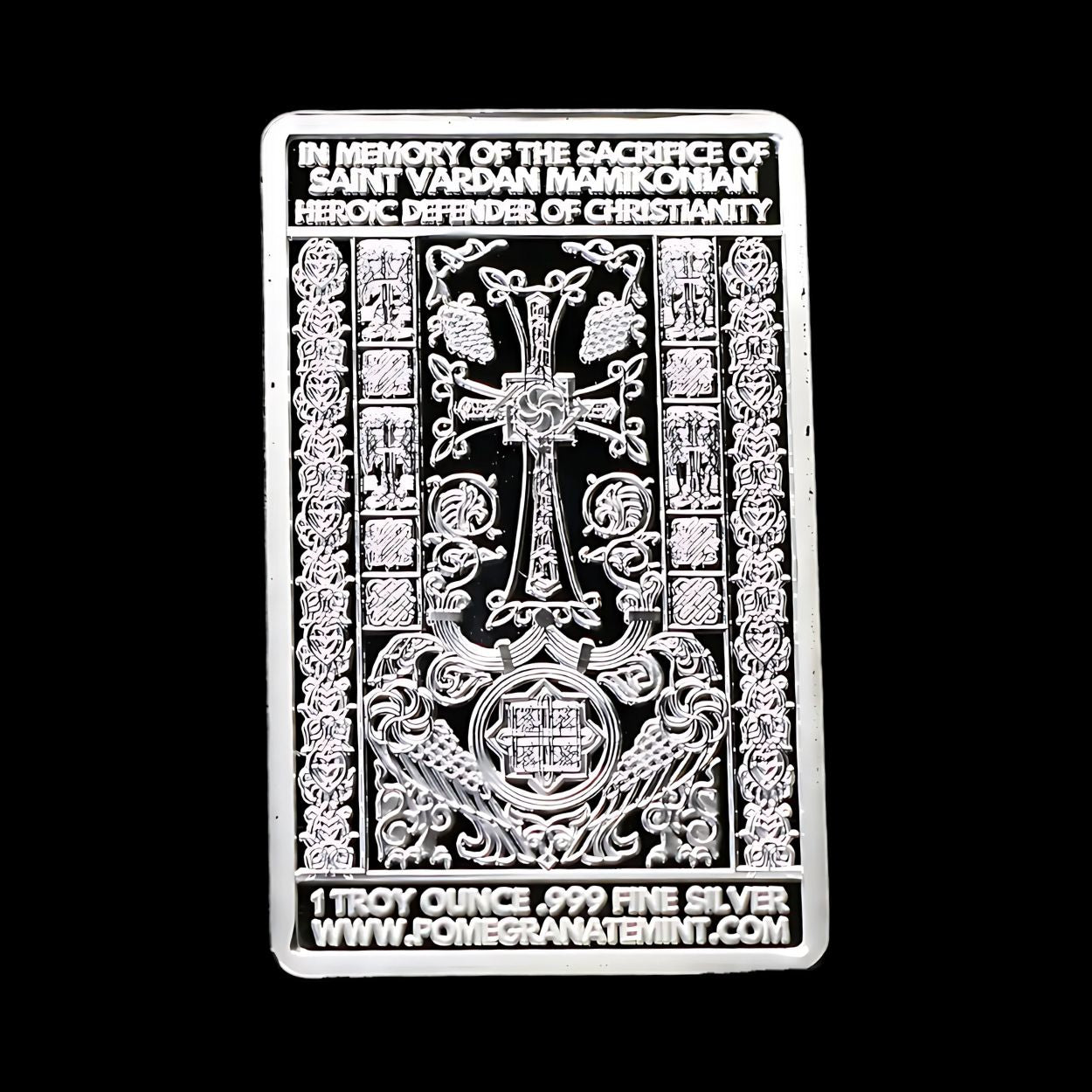 (NEW) 2025 Vardan Mamikonian Silver Cross Stone 1oz Bar (Khachkar) Pomegranate Mint