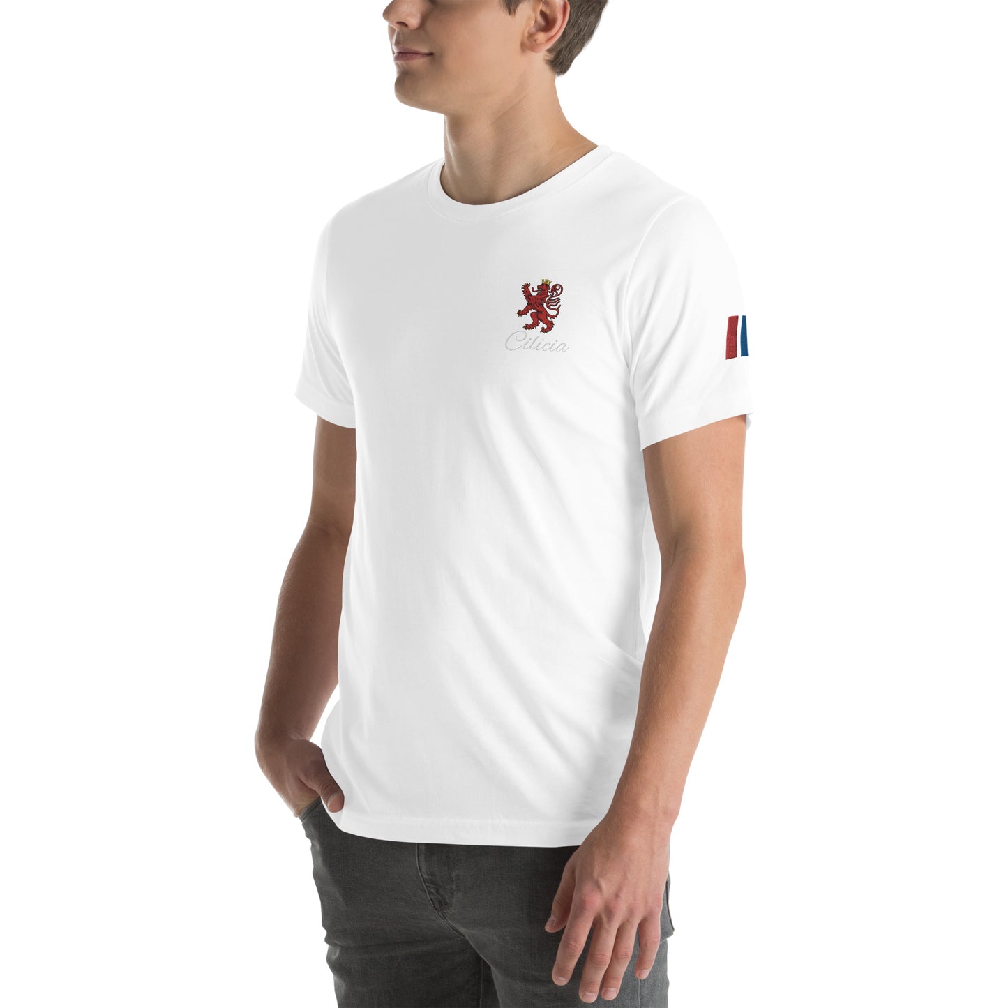Unisex Heritage T-Shirt with Cilician Armenian Lion & Tricolor Flag Embroidery Pomegranate Mint