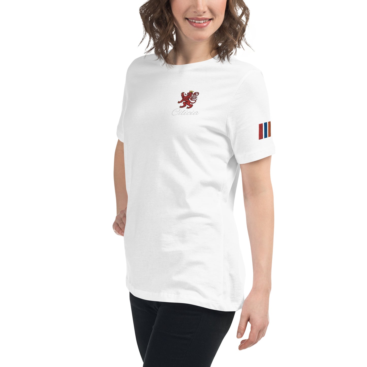 Women's Heritage Relaxed T-Shirt with Cilician Armenian Lion & Tricolor Flag Embroidery Pomegranate Mint