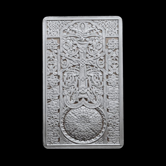 (NEW) 2025 Vardan Mamikonian Silver Cross Stone 1oz Bar (Khachkar) Pomegranate Mint