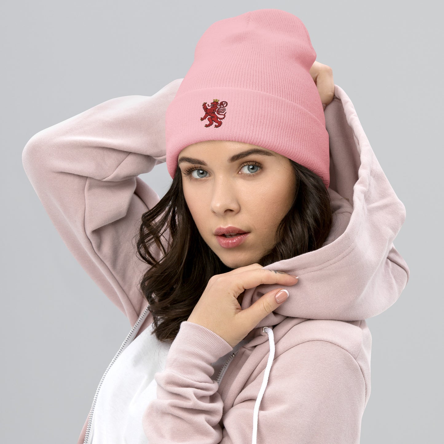 Unisex Heritage Cuffed Beanie with Cilician Armenian Lion Embroidery Pomegranate Mint