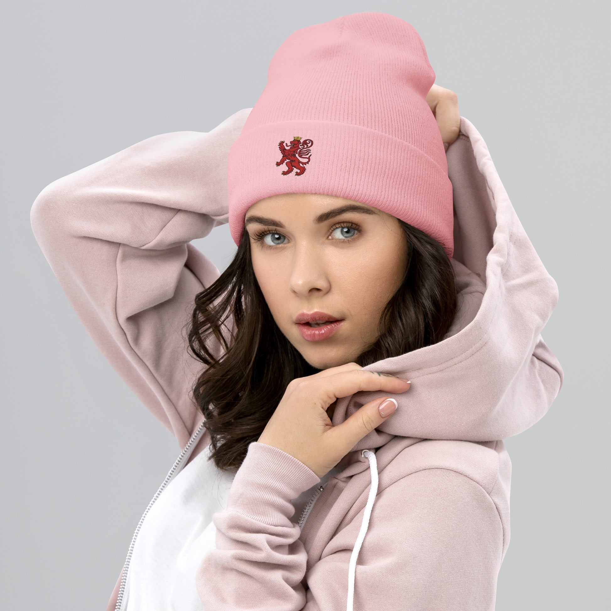 Unisex Heritage Cuffed Beanie with Cilician Armenian Lion Embroidery Pomegranate Mint