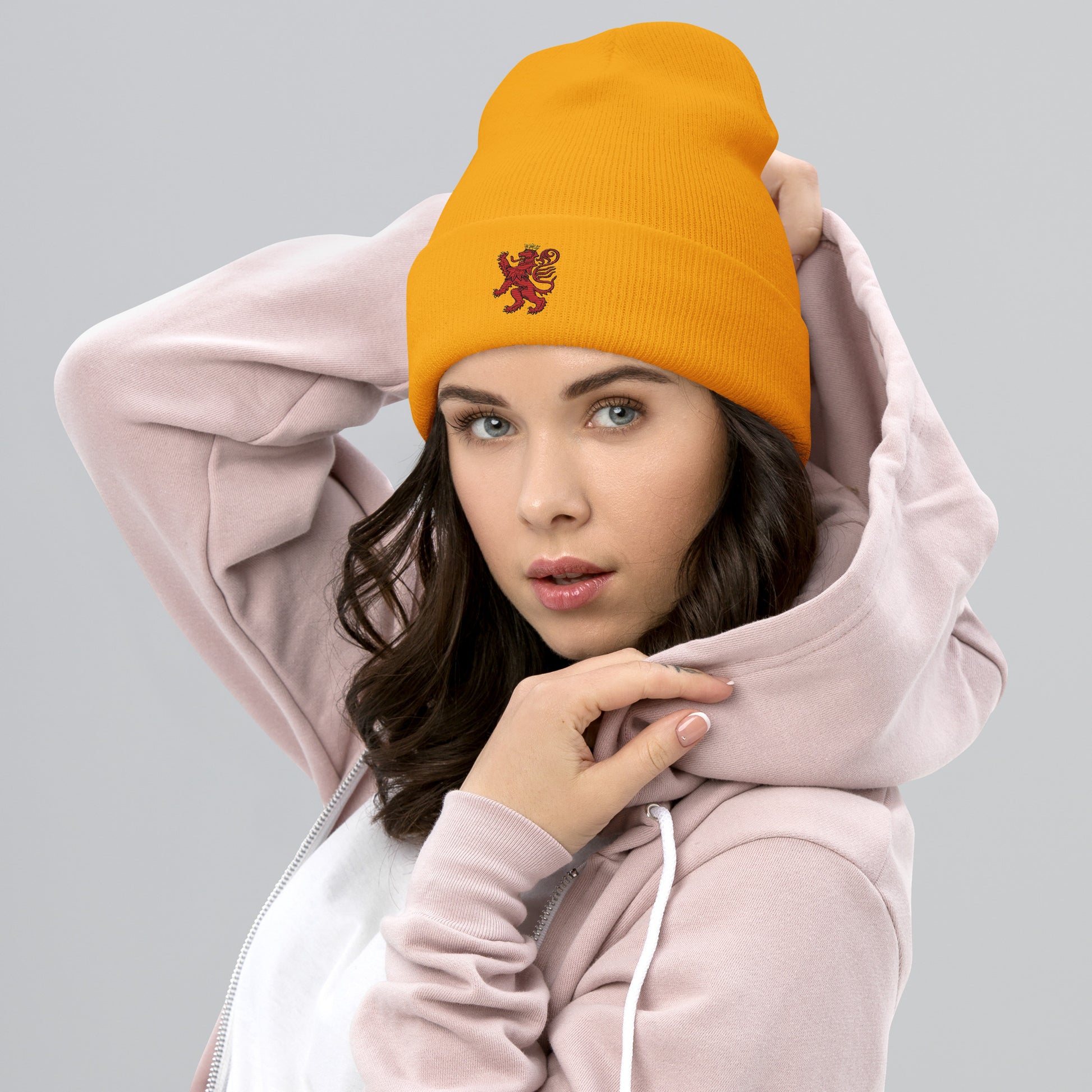Unisex Heritage Cuffed Beanie with Cilician Armenian Lion Embroidery Pomegranate Mint