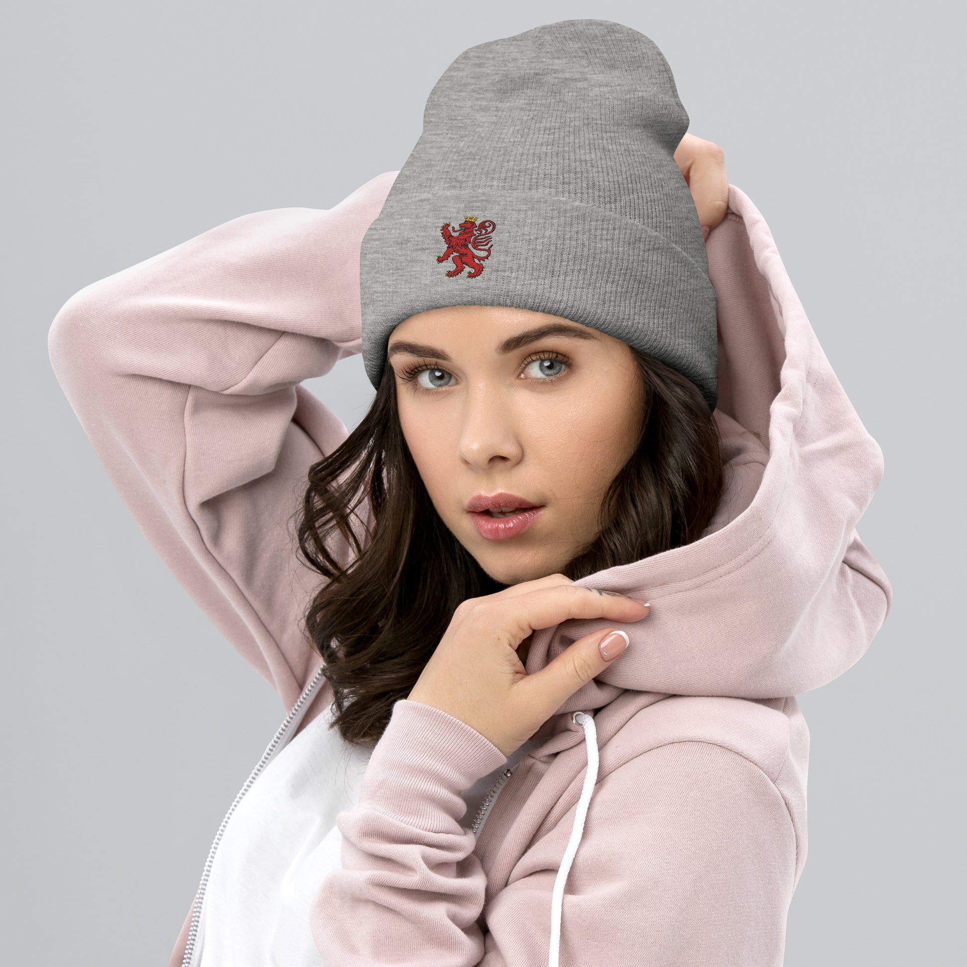 Unisex Heritage Cuffed Beanie with Cilician Armenian Lion Embroidery Pomegranate Mint