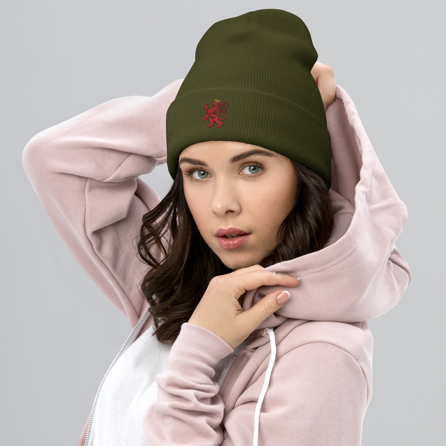 Unisex Heritage Cuffed Beanie with Cilician Armenian Lion Embroidery Pomegranate Mint