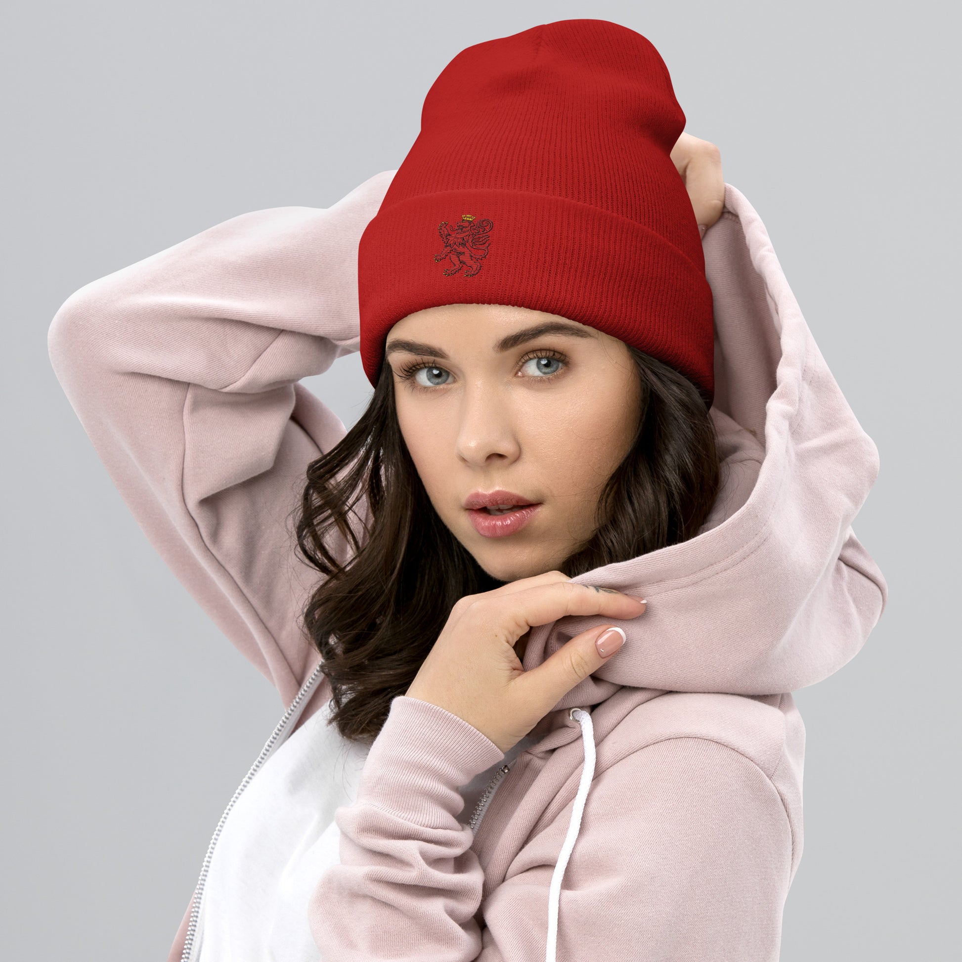 Unisex Heritage Cuffed Beanie with Cilician Armenian Lion Embroidery Pomegranate Mint