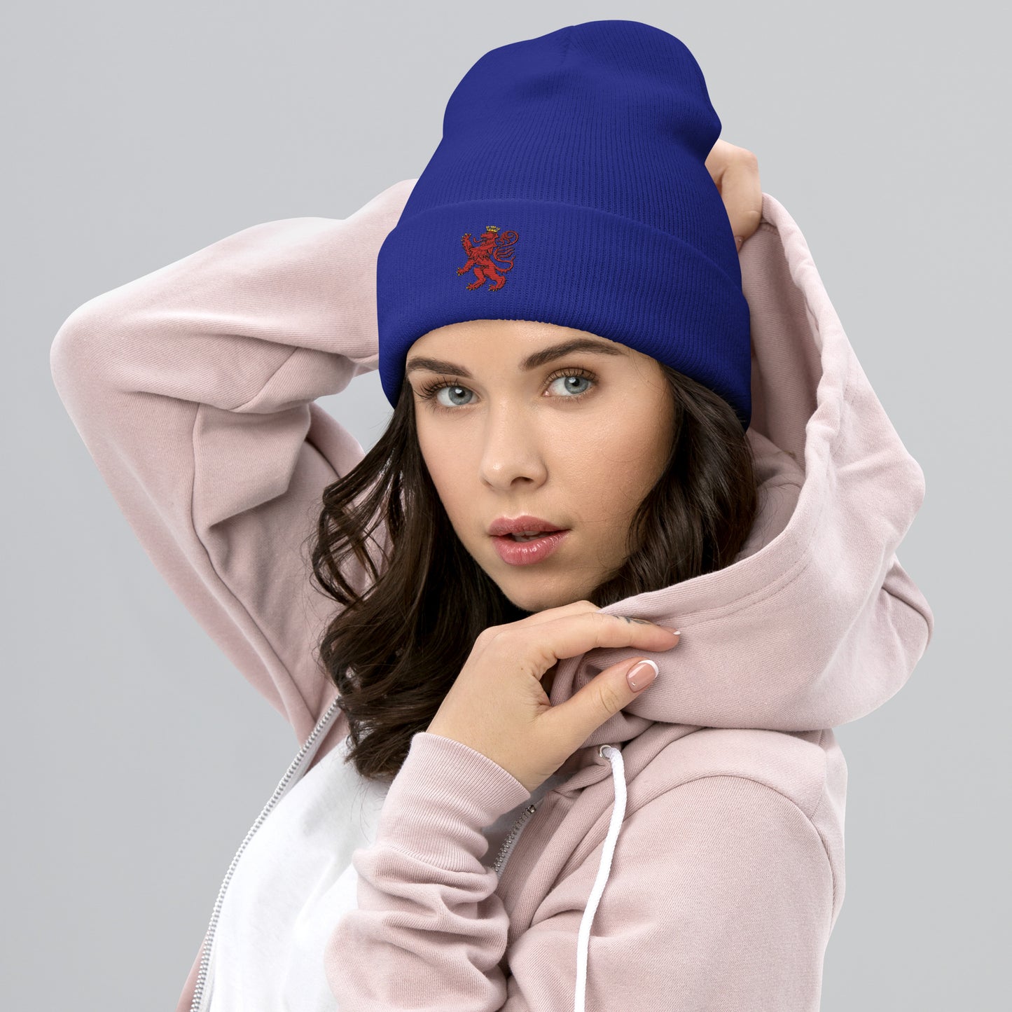 Unisex Heritage Cuffed Beanie with Cilician Armenian Lion Embroidery Pomegranate Mint