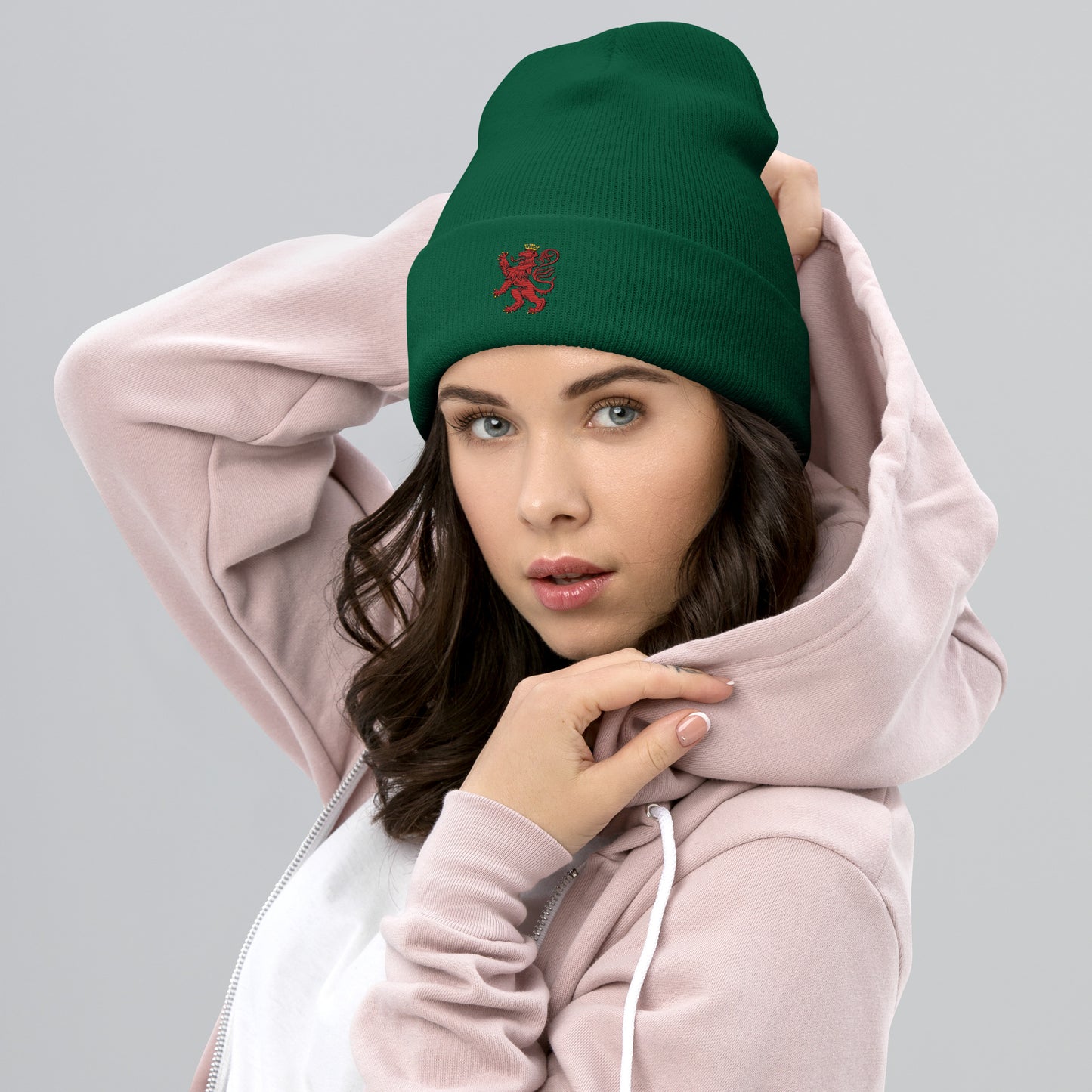 Unisex Heritage Cuffed Beanie with Cilician Armenian Lion Embroidery Pomegranate Mint