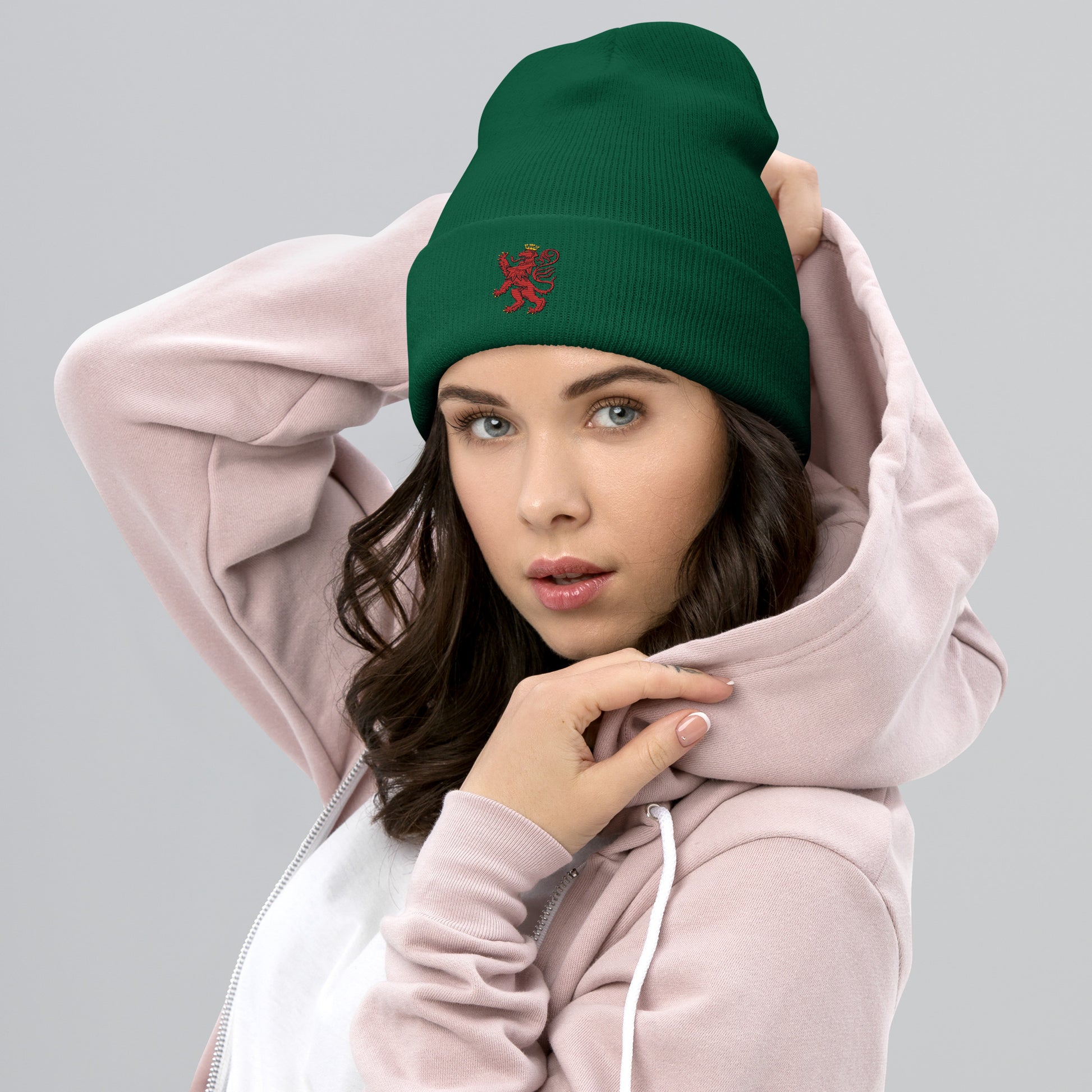 Unisex Heritage Cuffed Beanie with Cilician Armenian Lion Embroidery Pomegranate Mint
