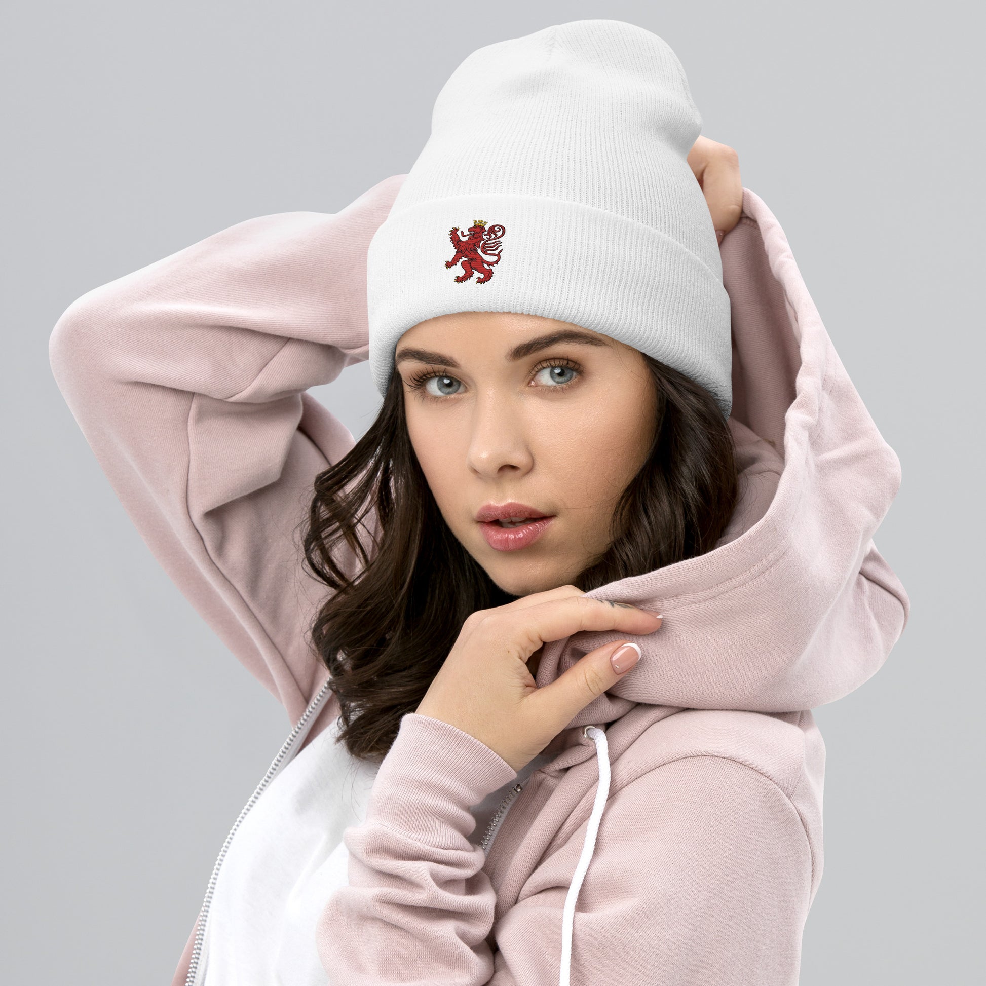Unisex Heritage Cuffed Beanie with Cilician Armenian Lion Embroidery Pomegranate Mint