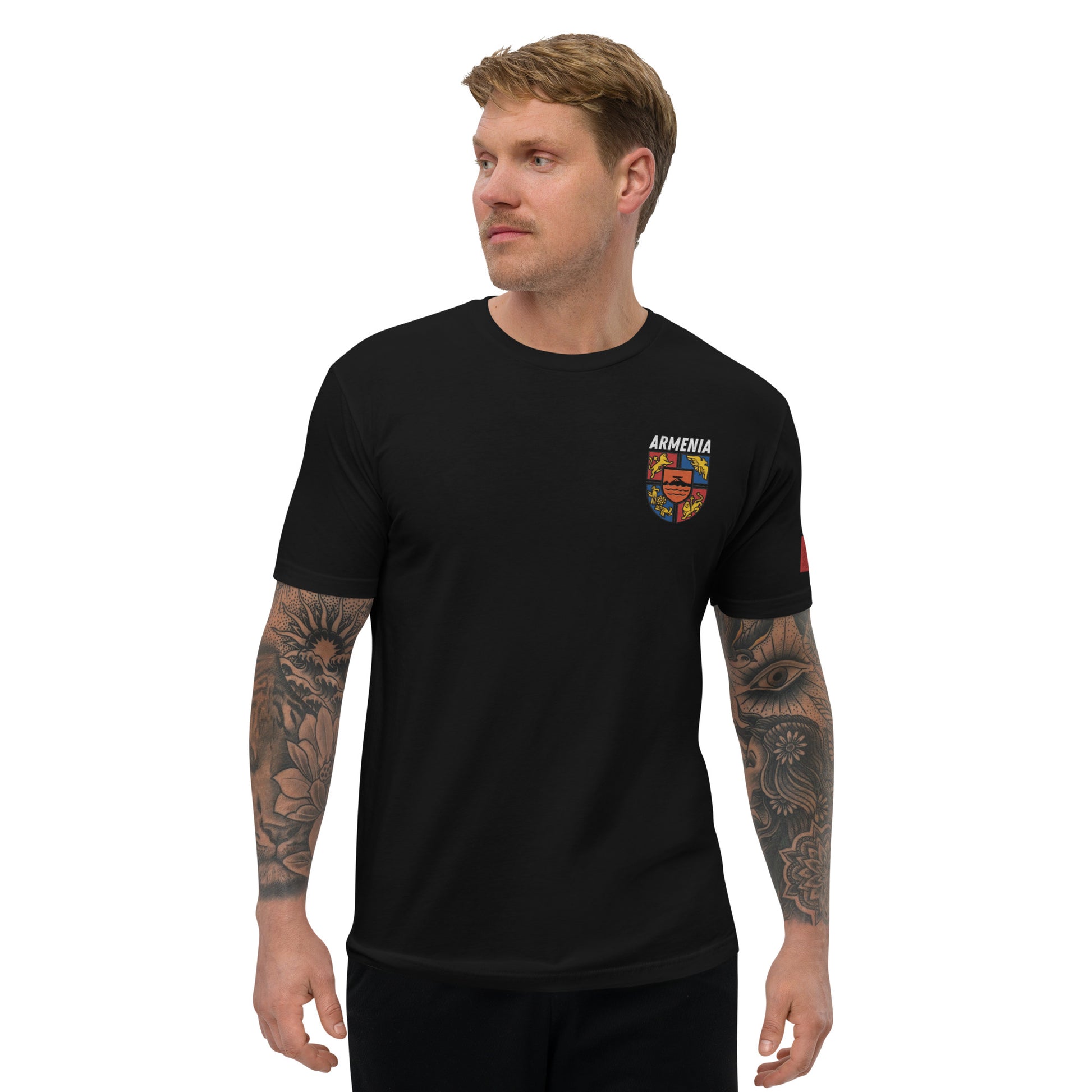 Men's Embroidered "Shield of Armenia & Tricolor Flag" Short Sleeve Fitted T-Shirt Pomegranate Mint