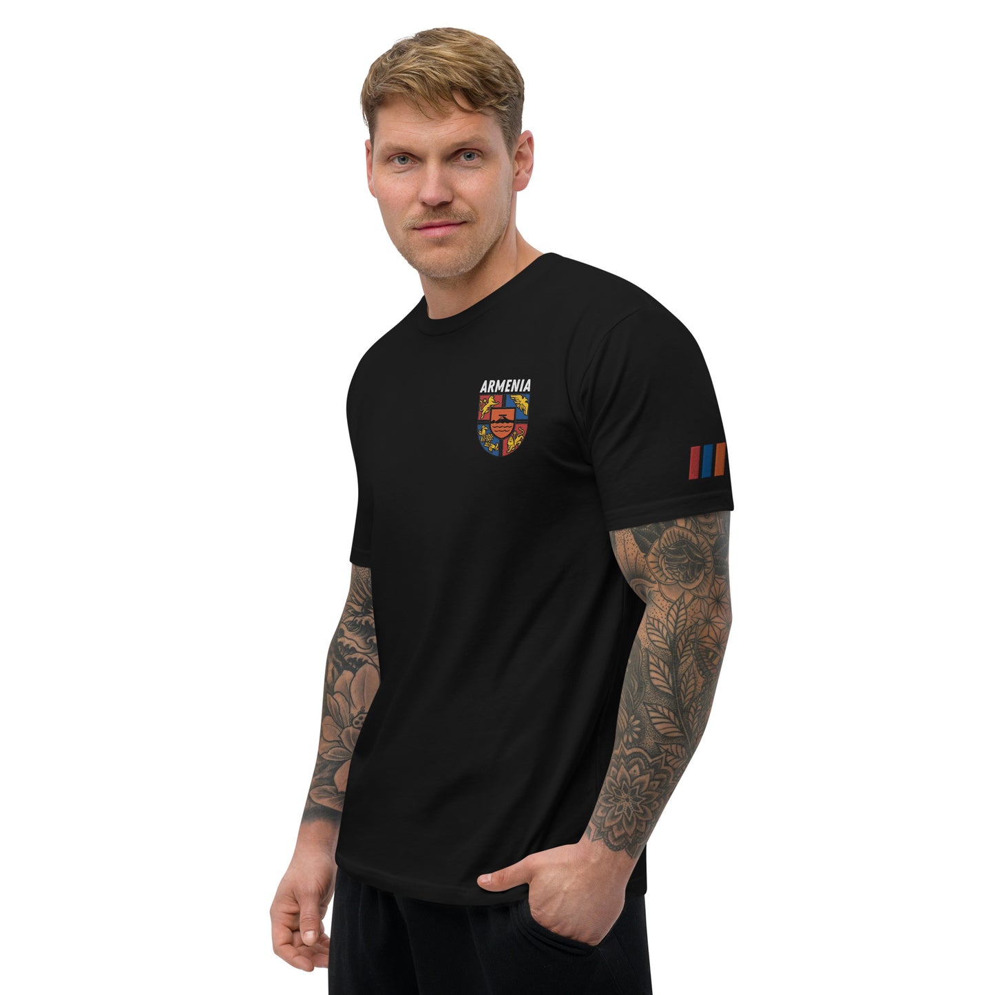 Men's Embroidered "Shield of Armenia & Tricolor Flag" Short Sleeve Fitted T-Shirt Pomegranate Mint