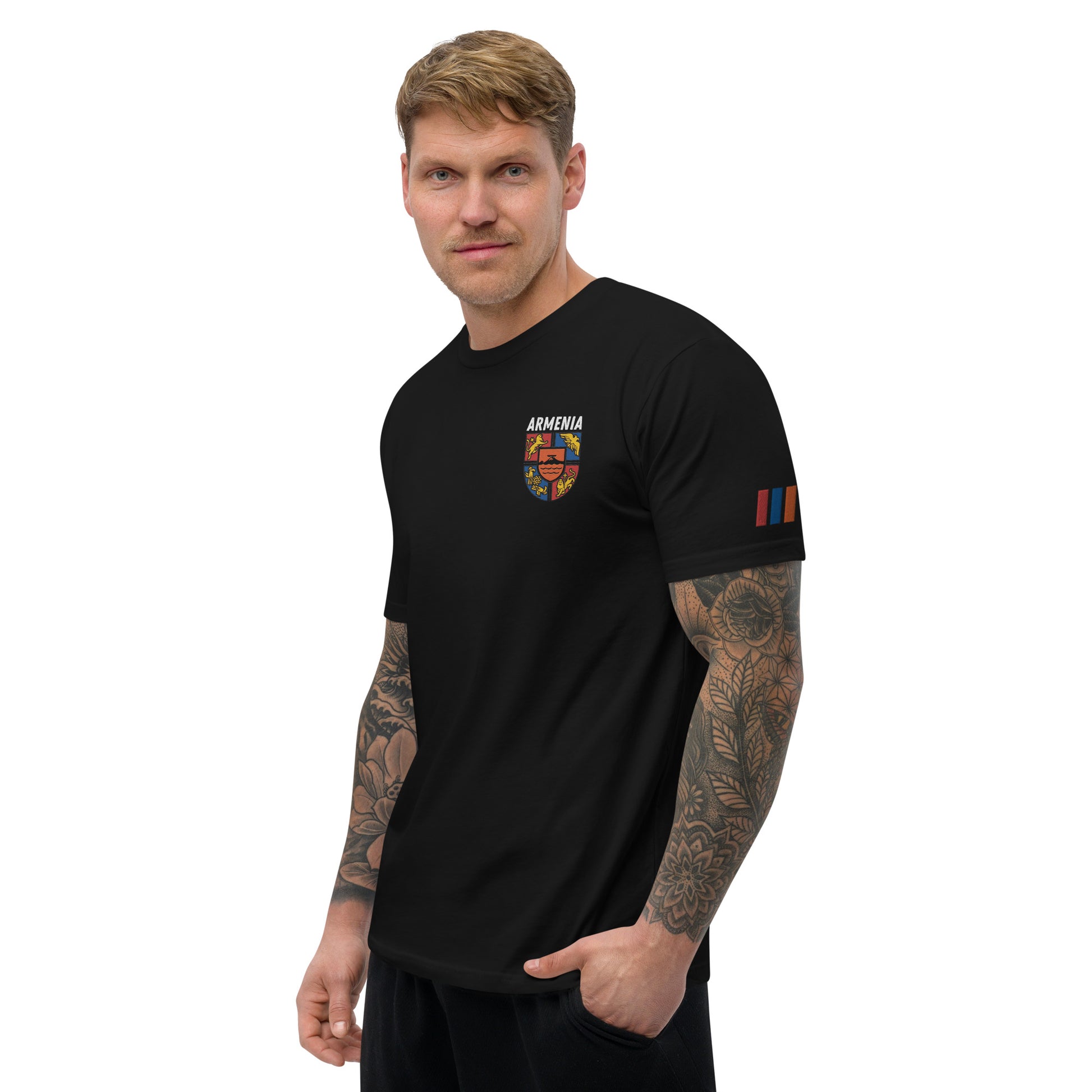 Men's Embroidered "Shield of Armenia & Tricolor Flag" Short Sleeve Fitted T-Shirt Pomegranate Mint
