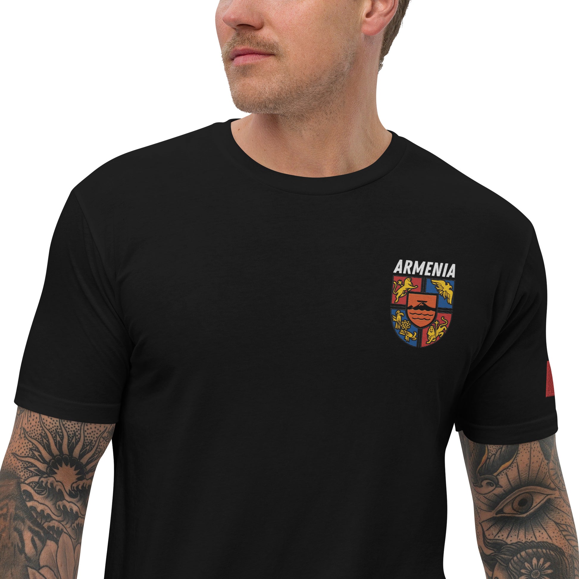 Men's Embroidered "Shield of Armenia & Tricolor Flag" Short Sleeve Fitted T-Shirt Pomegranate Mint