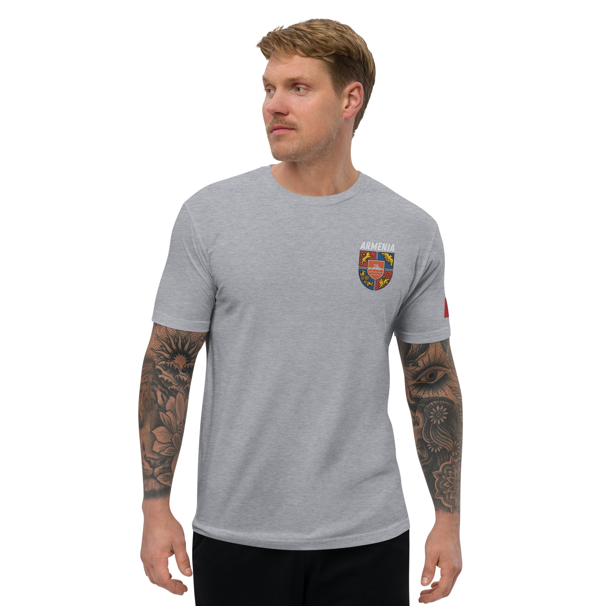 Men's Embroidered "Shield of Armenia & Tricolor Flag" Short Sleeve Fitted T-Shirt Pomegranate Mint
