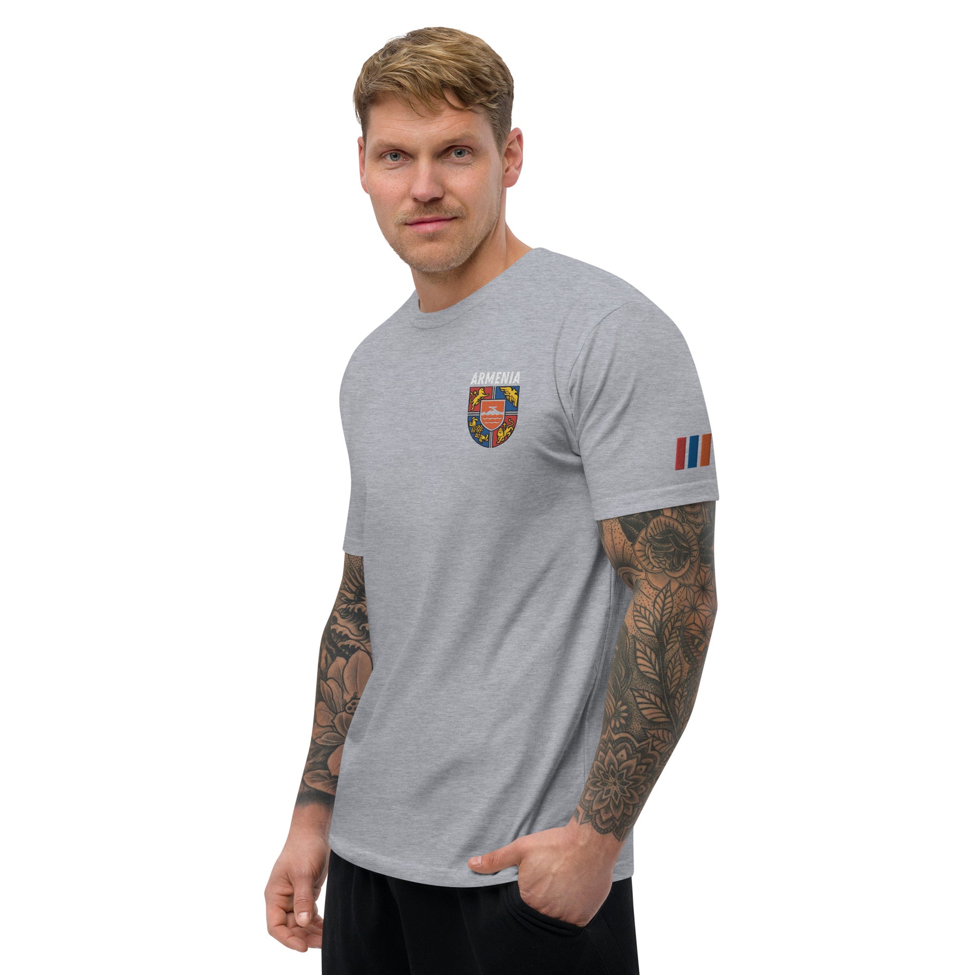 Men's Embroidered "Shield of Armenia & Tricolor Flag" Short Sleeve Fitted T-Shirt Pomegranate Mint