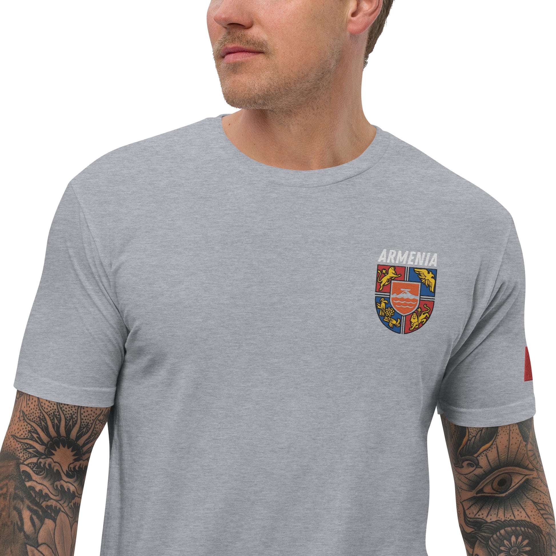 Men's Embroidered "Shield of Armenia & Tricolor Flag" Short Sleeve Fitted T-Shirt Pomegranate Mint