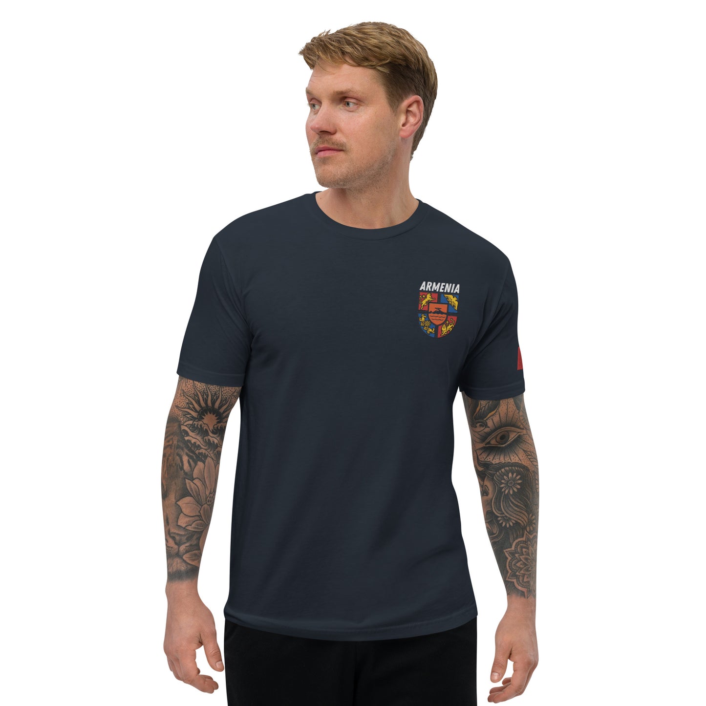 Men's Embroidered "Shield of Armenia & Tricolor Flag" Short Sleeve Fitted T-Shirt Pomegranate Mint