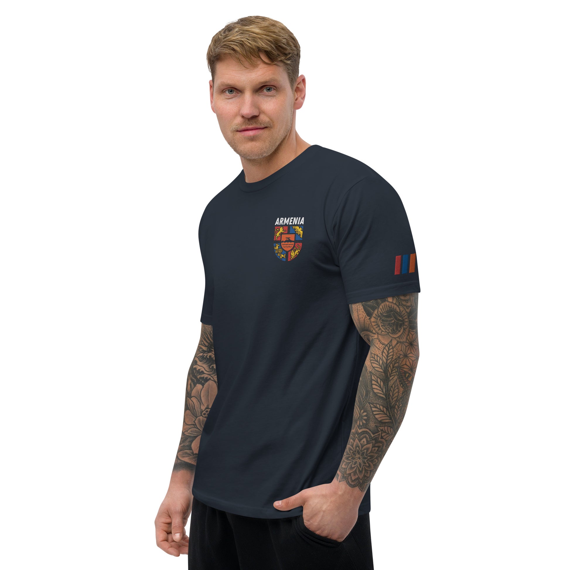 Men's Embroidered "Shield of Armenia & Tricolor Flag" Short Sleeve Fitted T-Shirt Pomegranate Mint
