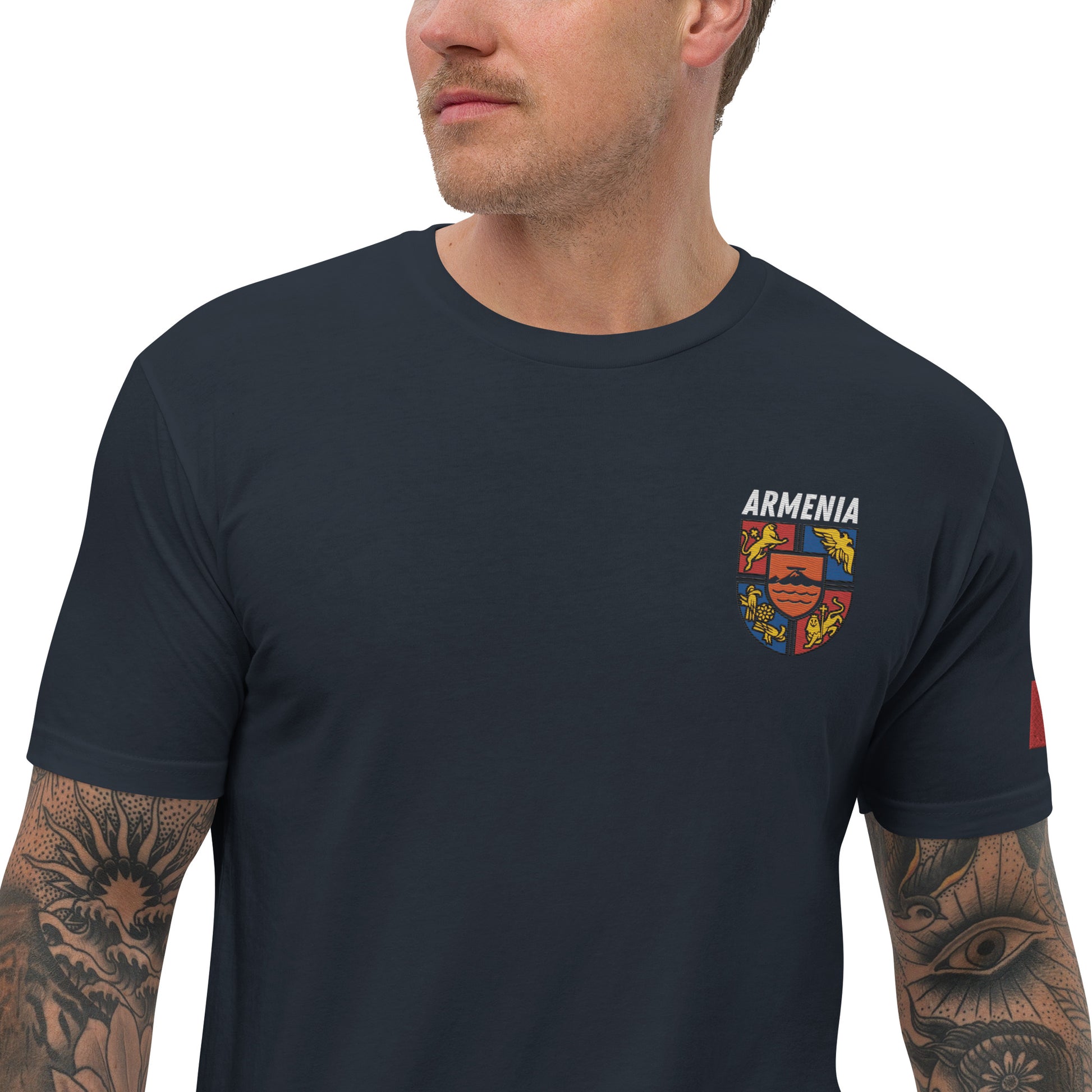 Men's Embroidered "Shield of Armenia & Tricolor Flag" Short Sleeve Fitted T-Shirt Pomegranate Mint
