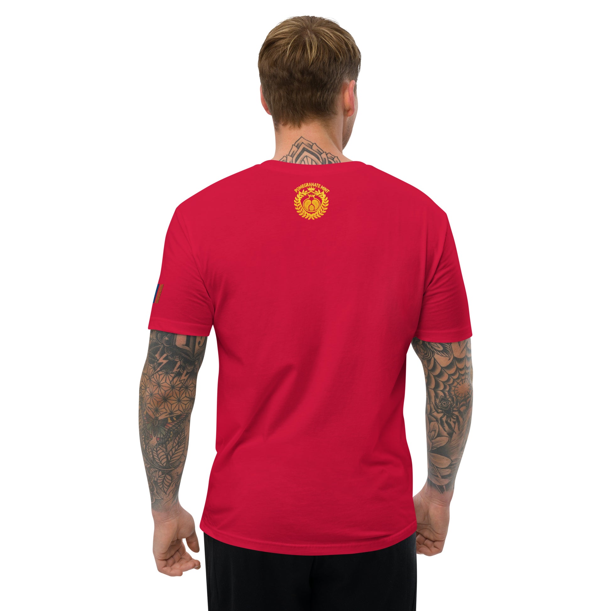 Men's Embroidered "Shield of Armenia & Tricolor Flag" Short Sleeve Fitted T-Shirt Pomegranate Mint