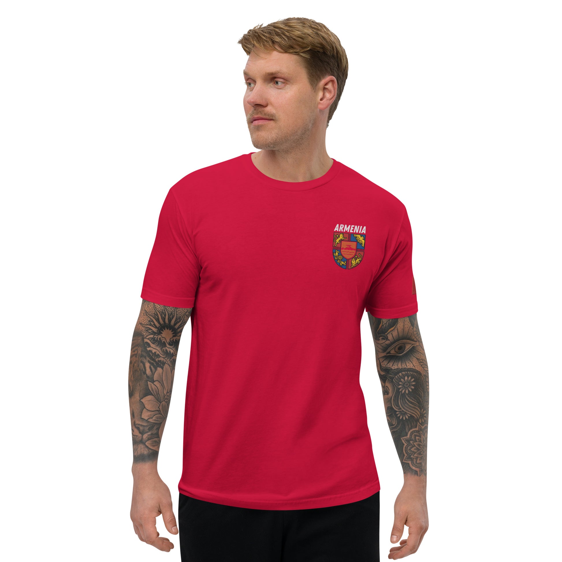 Men's Embroidered "Shield of Armenia & Tricolor Flag" Short Sleeve Fitted T-Shirt Pomegranate Mint