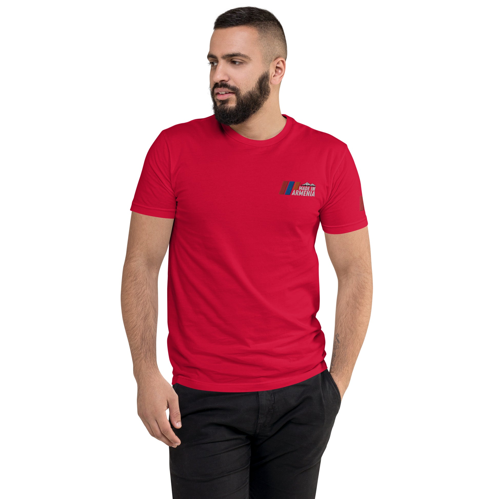 Men's Fitted "Made in Armenia & Tricolor Flag" Embroidered T-Shirt Pomegranate Mint