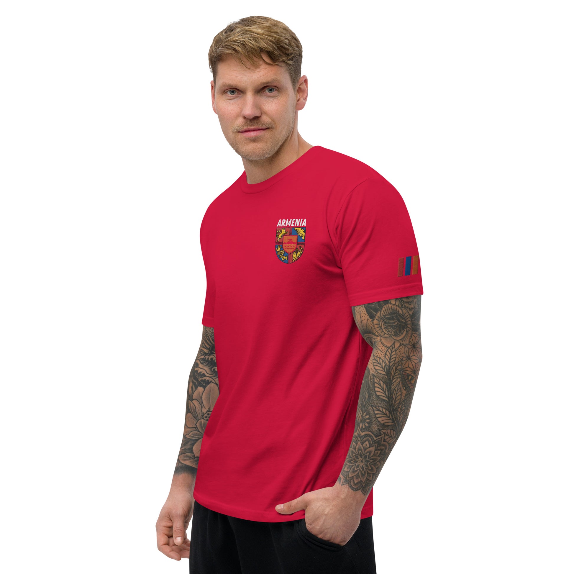 Men's Embroidered "Shield of Armenia & Tricolor Flag" Short Sleeve Fitted T-Shirt Pomegranate Mint