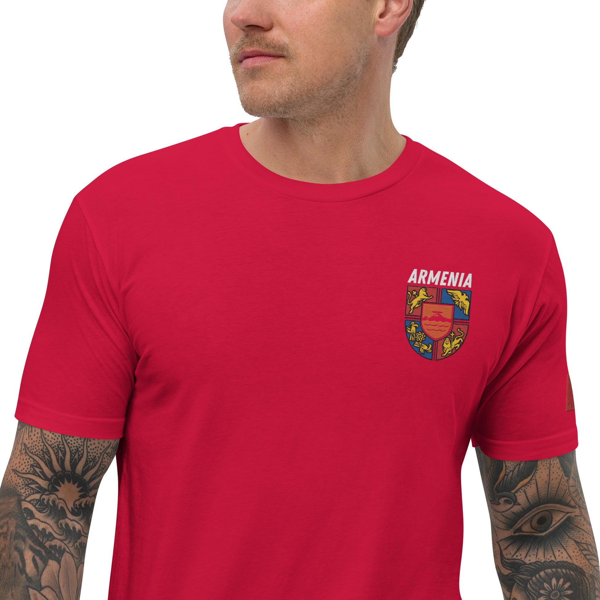 Men's Embroidered "Shield of Armenia & Tricolor Flag" Short Sleeve Fitted T-Shirt Pomegranate Mint