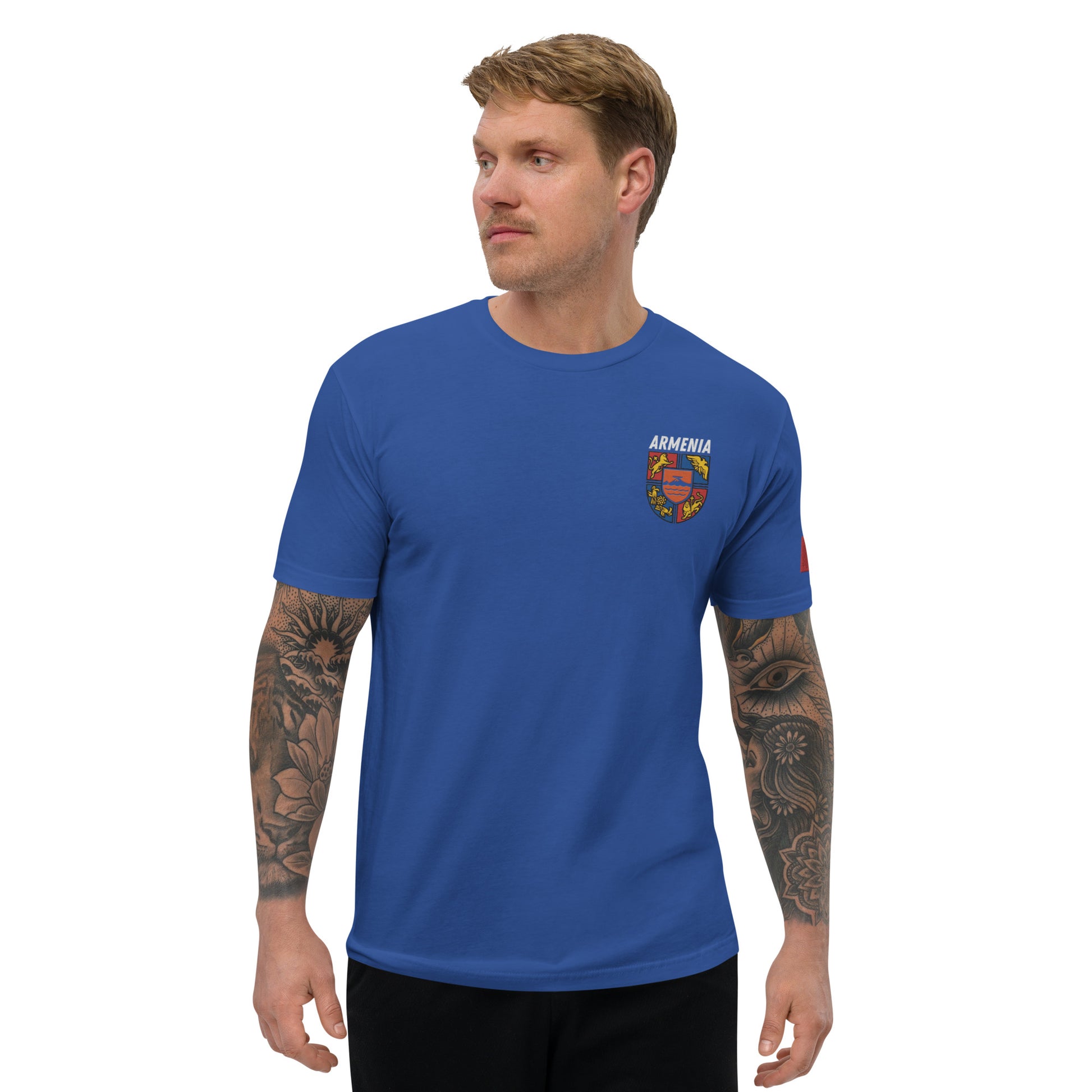 Men's Embroidered "Shield of Armenia & Tricolor Flag" Short Sleeve Fitted T-Shirt Pomegranate Mint