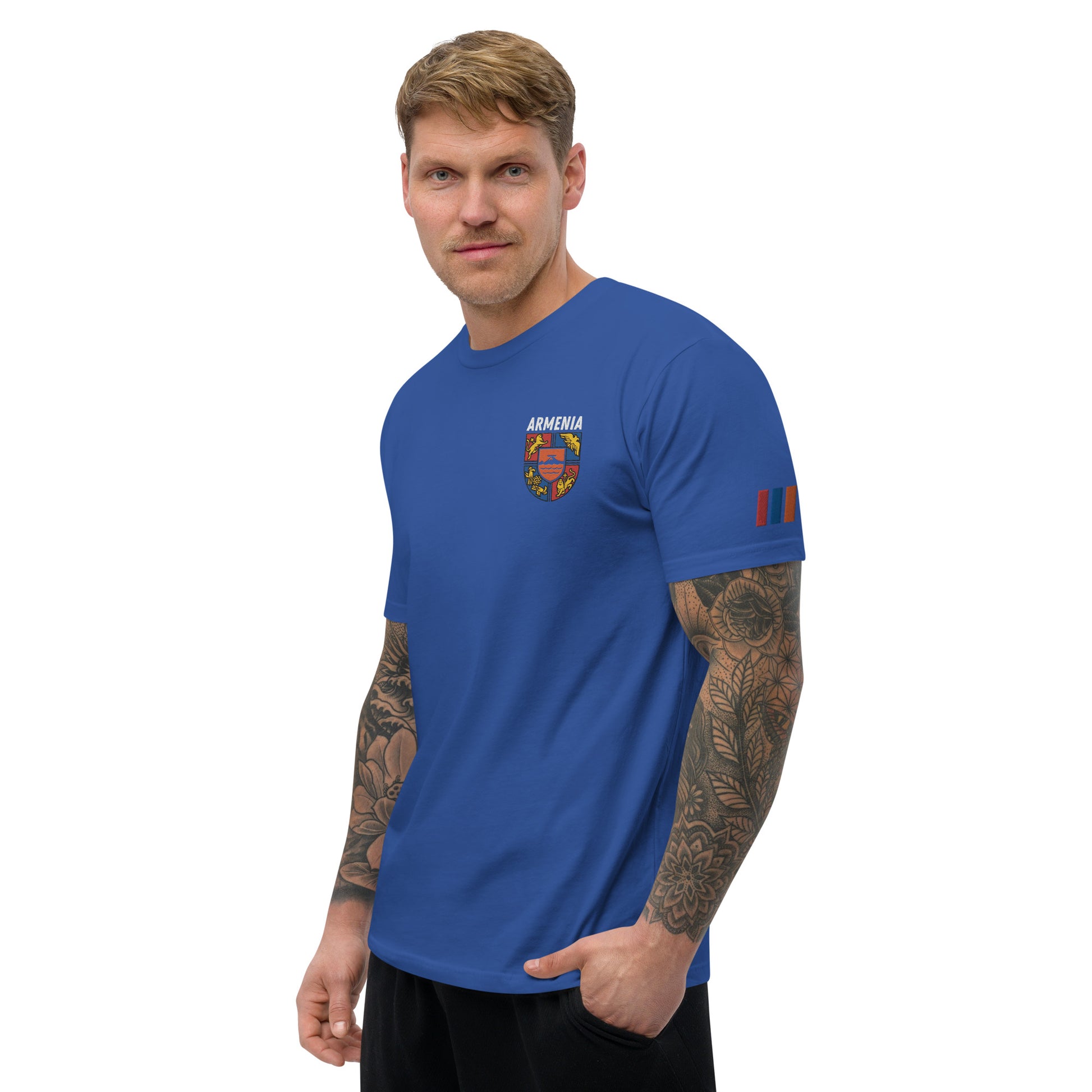 Men's Embroidered "Shield of Armenia & Tricolor Flag" Short Sleeve Fitted T-Shirt Pomegranate Mint
