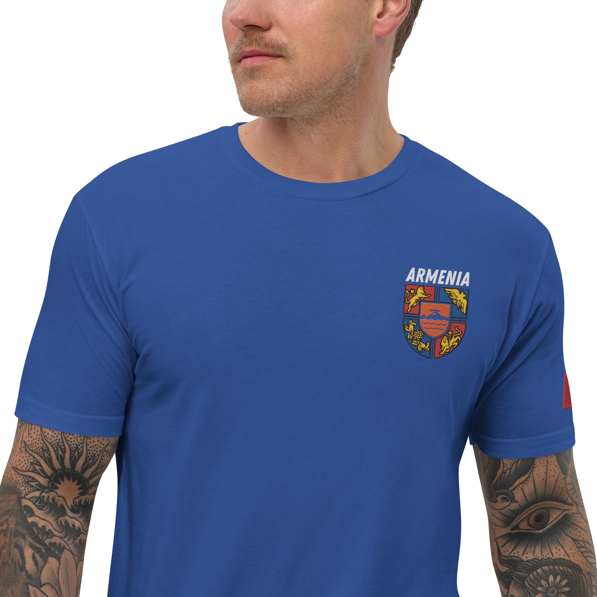 Men's Embroidered "Shield of Armenia & Tricolor Flag" Short Sleeve Fitted T-Shirt Pomegranate Mint