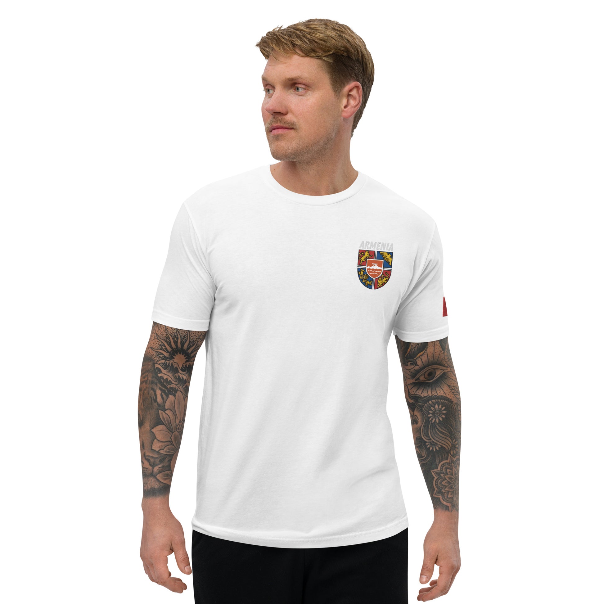 Men's Embroidered "Shield of Armenia & Tricolor Flag" Short Sleeve Fitted T-Shirt Pomegranate Mint