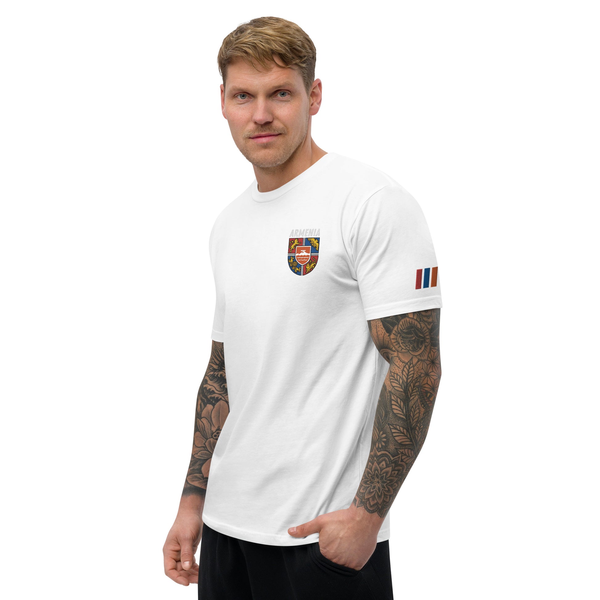 Men's Embroidered "Shield of Armenia & Tricolor Flag" Short Sleeve Fitted T-Shirt Pomegranate Mint