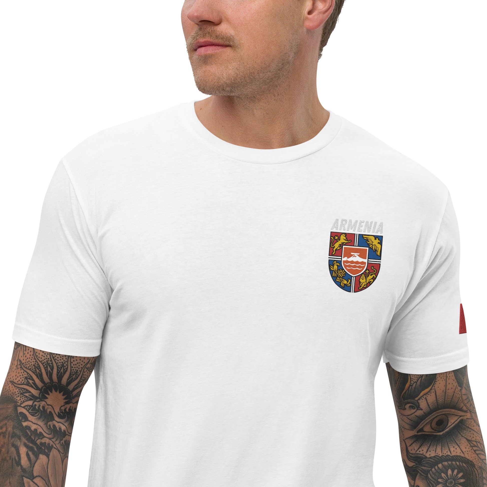 Men's Embroidered "Shield of Armenia & Tricolor Flag" Short Sleeve Fitted T-Shirt Pomegranate Mint