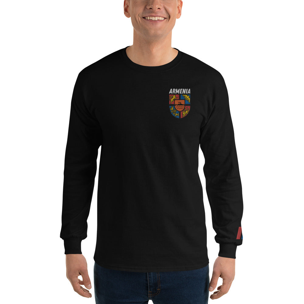 Men's Embroidered "Shield of Armenia & Tricolor Flag" Long Sleeve Shirt Pomegranate Mint