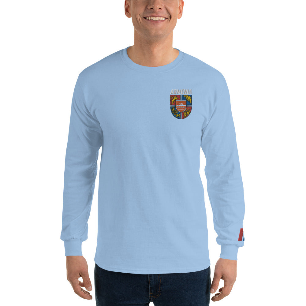 Men's Embroidered "Shield of Armenia & Tricolor Flag" Long Sleeve Shirt Pomegranate Mint