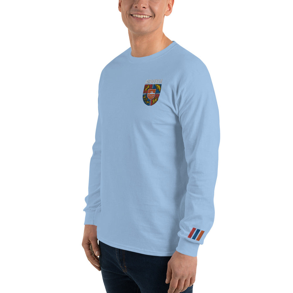 Men's Embroidered "Shield of Armenia & Tricolor Flag" Long Sleeve Shirt Pomegranate Mint