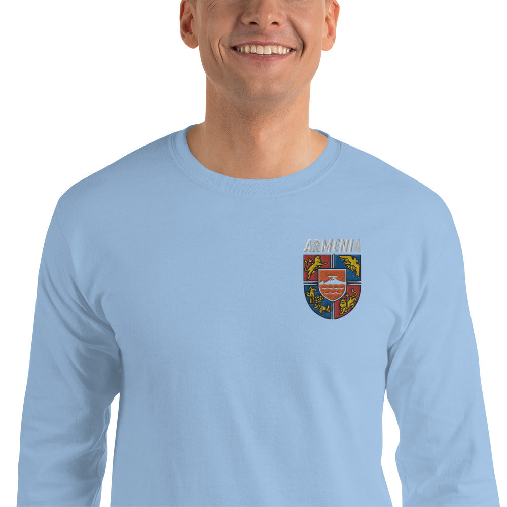 Men's Embroidered "Shield of Armenia & Tricolor Flag" Long Sleeve Shirt Pomegranate Mint