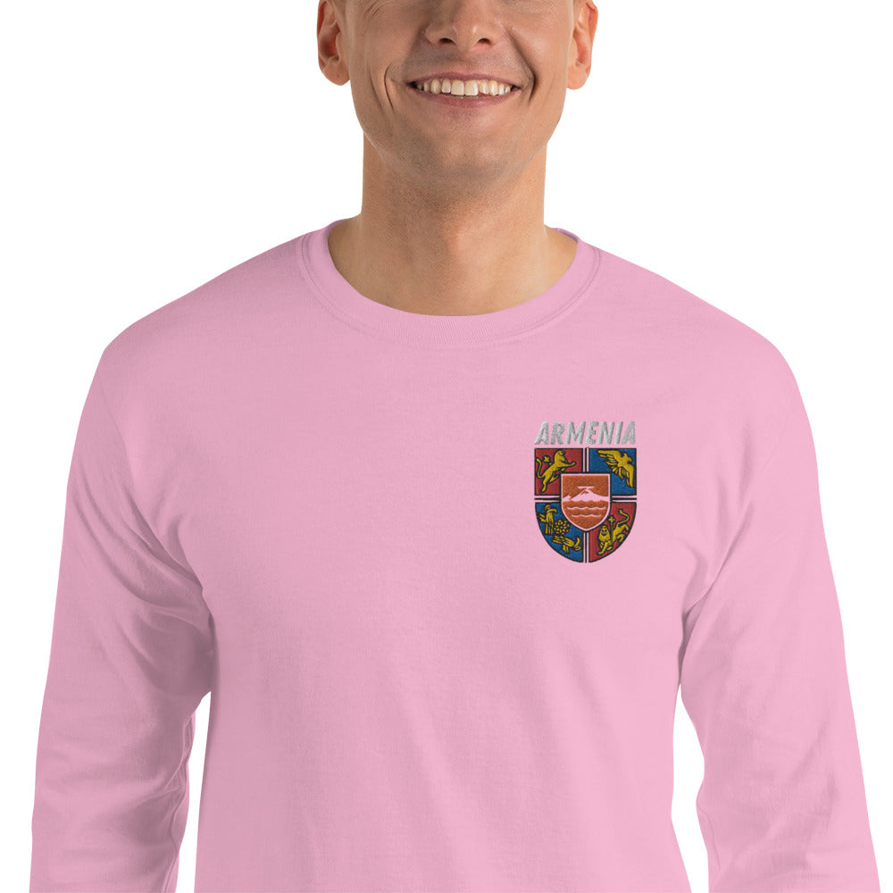 Men's Embroidered "Shield of Armenia & Tricolor Flag" Long Sleeve Shirt Pomegranate Mint