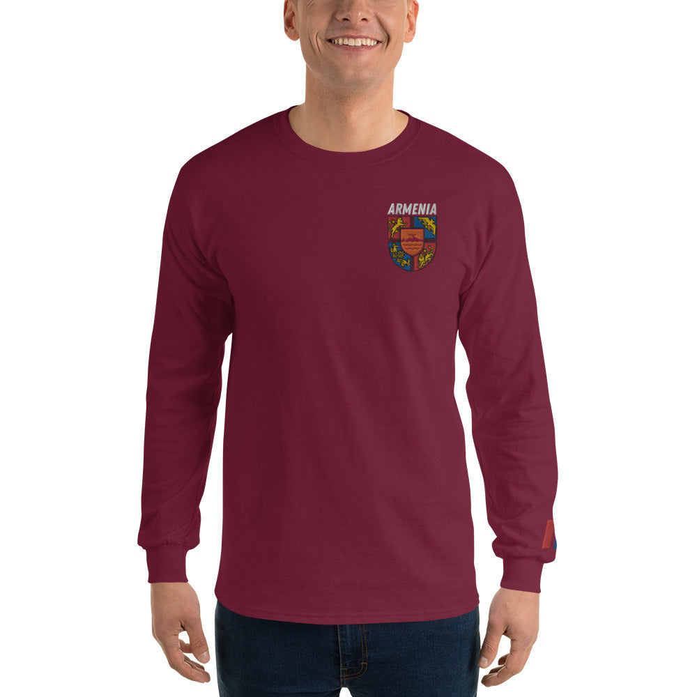 Men's Embroidered "Shield of Armenia & Tricolor Flag" Long Sleeve Shirt Pomegranate Mint