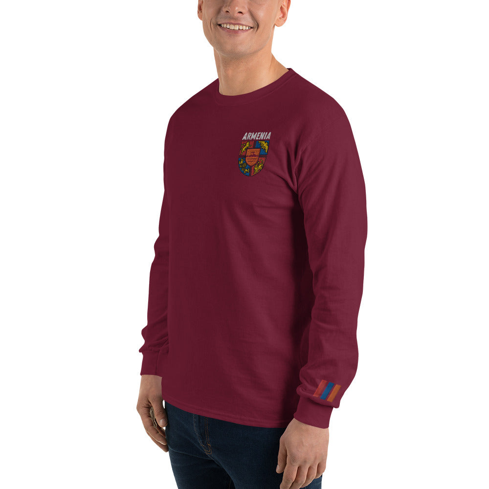 Men's Embroidered "Shield of Armenia & Tricolor Flag" Long Sleeve Shirt Pomegranate Mint