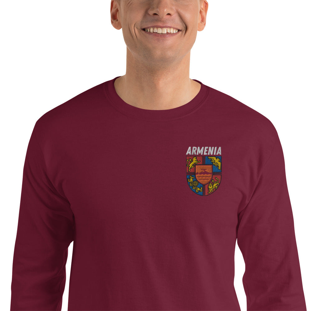Men's Embroidered "Shield of Armenia & Tricolor Flag" Long Sleeve Shirt Pomegranate Mint