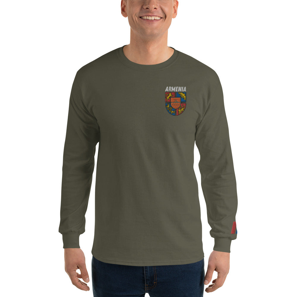Men's Embroidered "Shield of Armenia & Tricolor Flag" Long Sleeve Shirt Pomegranate Mint