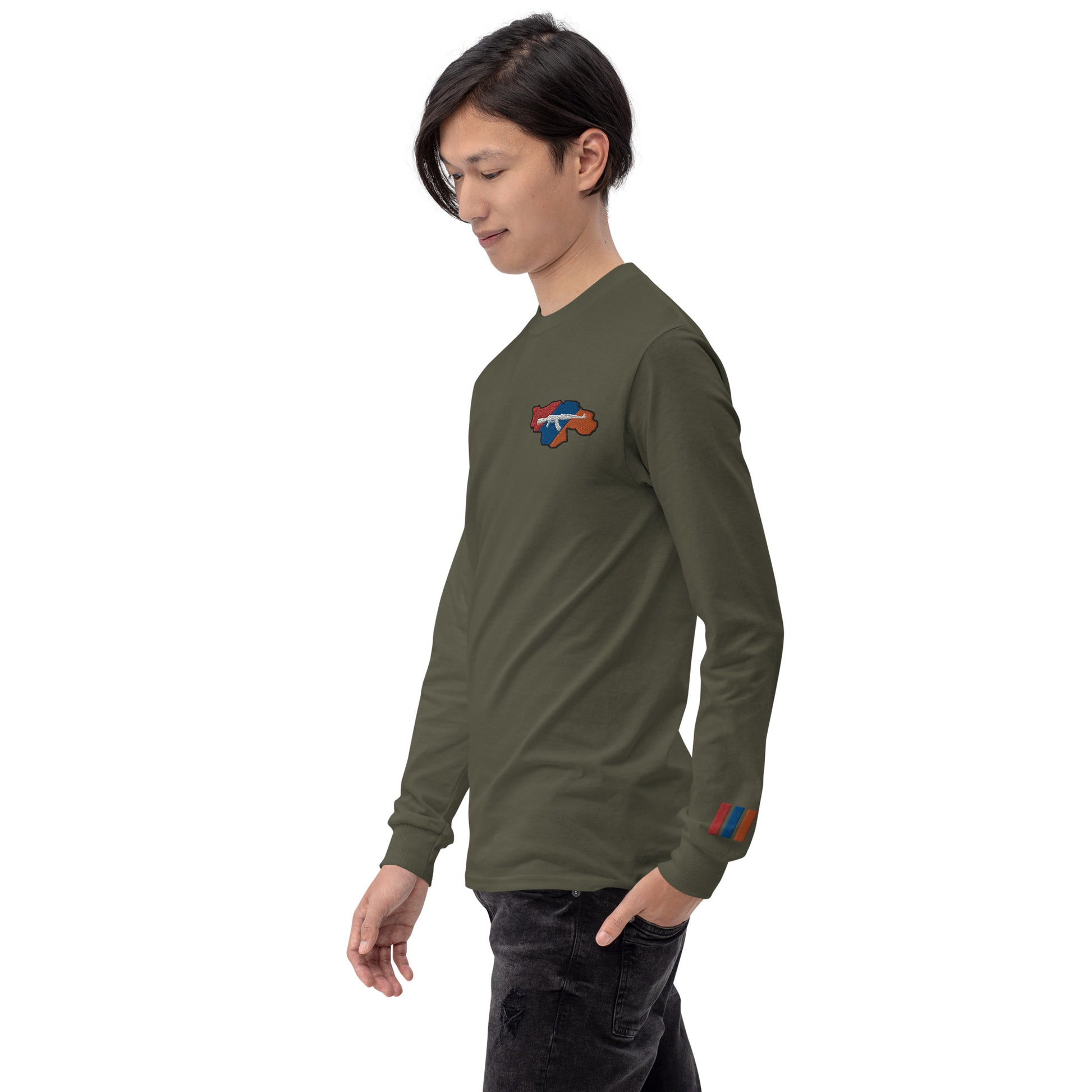 Men's Long Sleeve "Greater Armenia AK-47 & Tricolor" Embroidered Shirt Pomegranate Mint