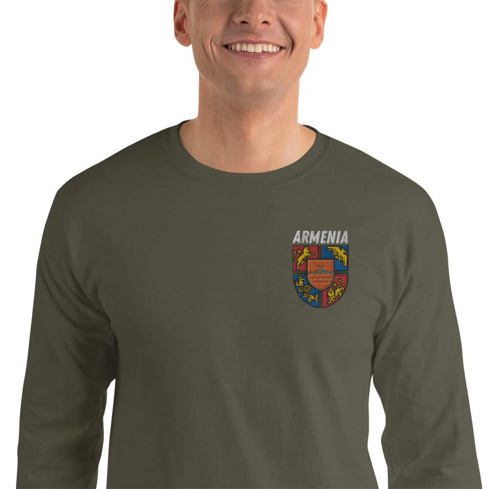 Men's Embroidered "Shield of Armenia & Tricolor Flag" Long Sleeve Shirt Pomegranate Mint