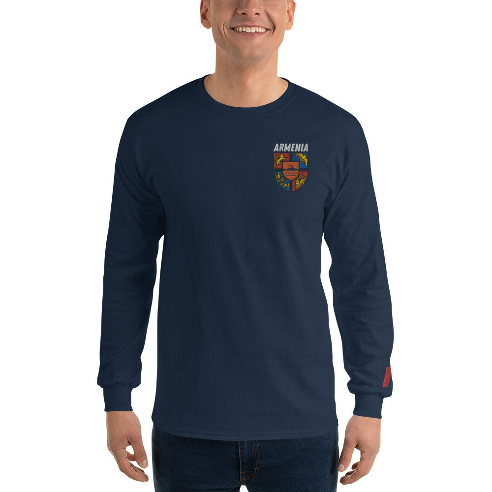Men's Embroidered "Shield of Armenia & Tricolor Flag" Long Sleeve Shirt Pomegranate Mint