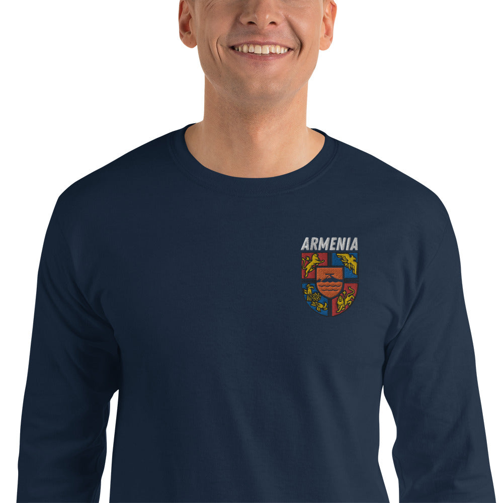 Men's Embroidered "Shield of Armenia & Tricolor Flag" Long Sleeve Shirt Pomegranate Mint