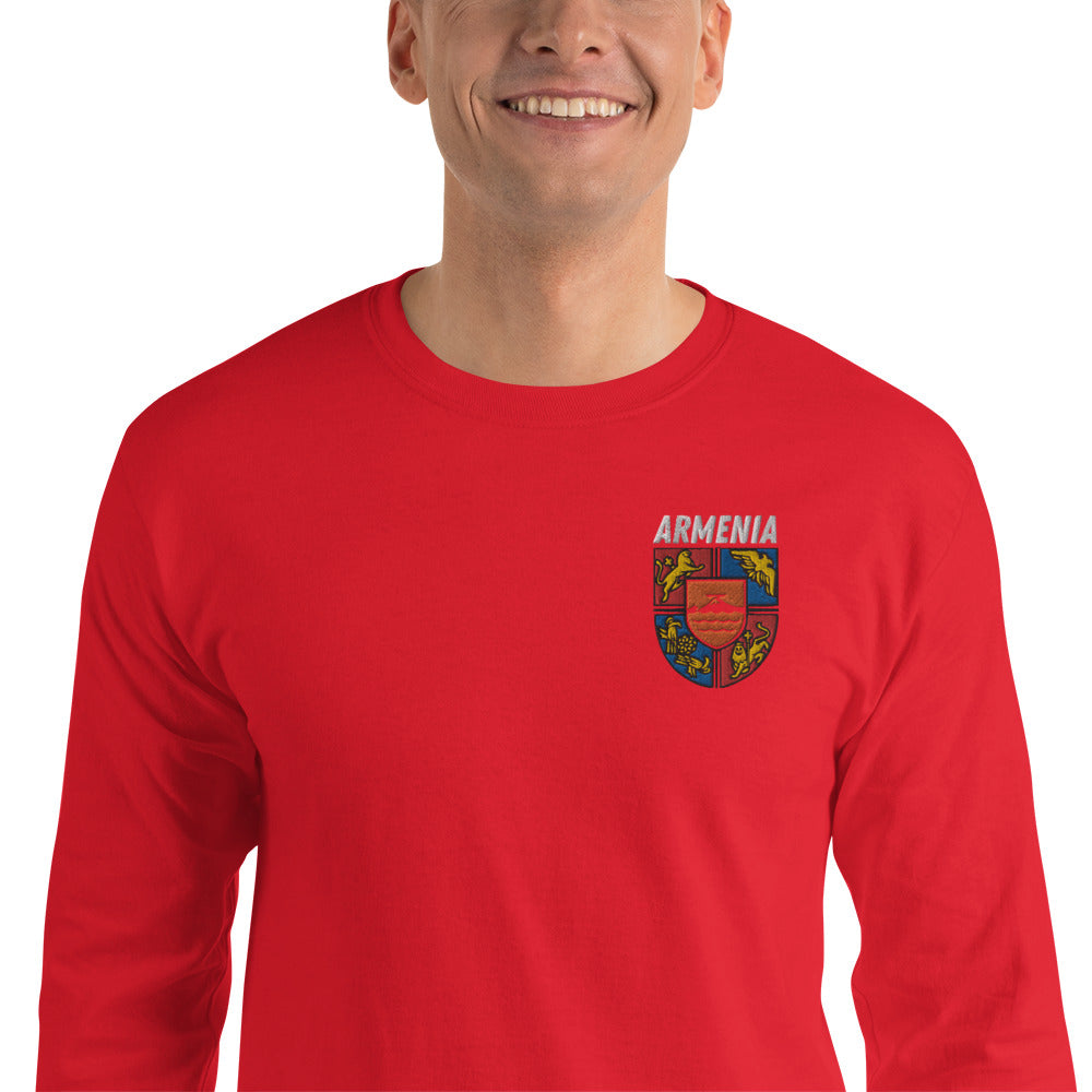 Men's Embroidered "Shield of Armenia & Tricolor Flag" Long Sleeve Shirt Pomegranate Mint