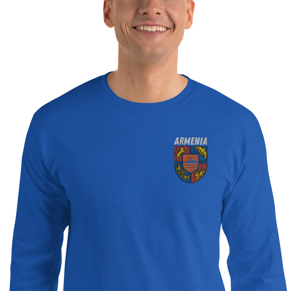 Men's Embroidered "Shield of Armenia & Tricolor Flag" Long Sleeve Shirt Pomegranate Mint